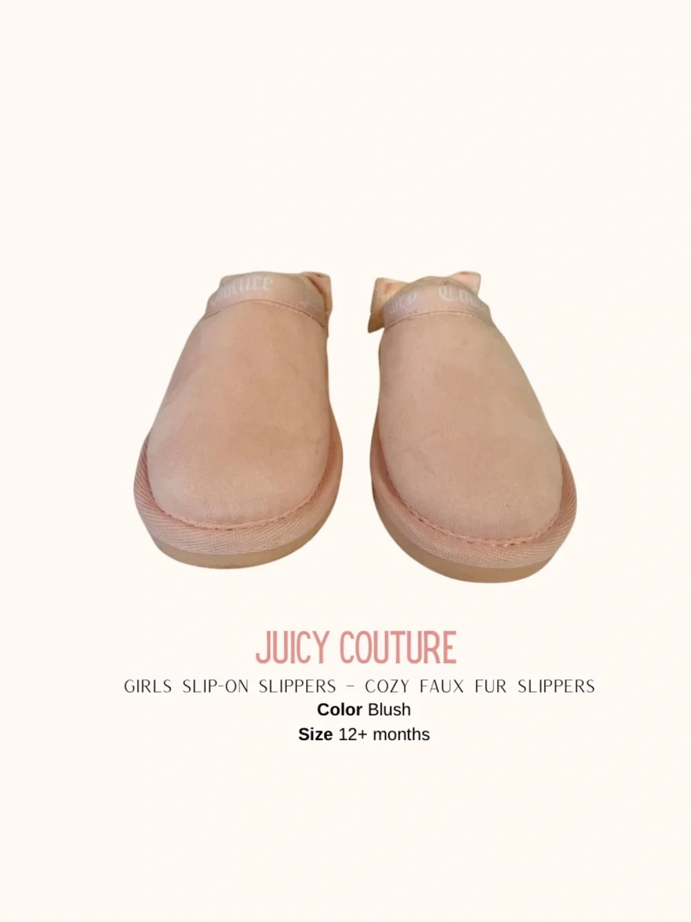 Juicy Couture Girls Blush Faux Fur Slip-On Slippers with Bow